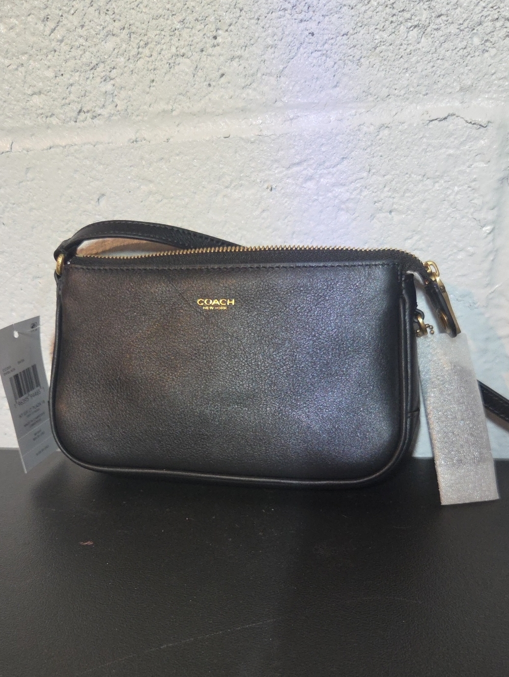 Coach Black Leather Crossbody Wristlet with Gold Hardware